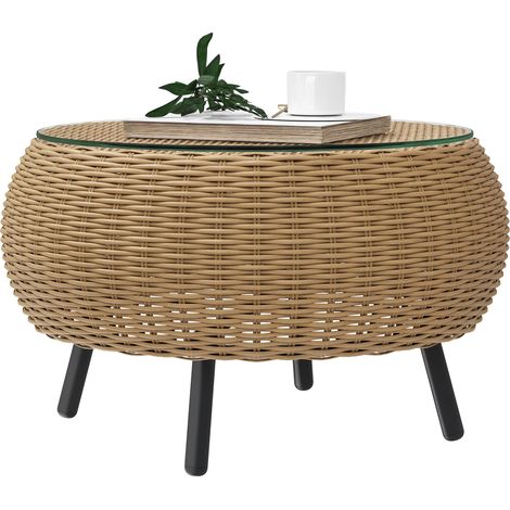 Tavolino laterale in polyrattan, tavolino rotondo, tavolino da divano con piano in vetro Ø75 x 42 cm marrone