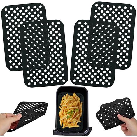 Set mit 4 rechteckigen Silikon-Fritteusenmatten, 20 cm, antihaftbeschichtet, perforiert, wiederverwendbar, hitzebeständig und spülmaschinenfest, ideal für Heißluftfritteusenkörbe (1/5)