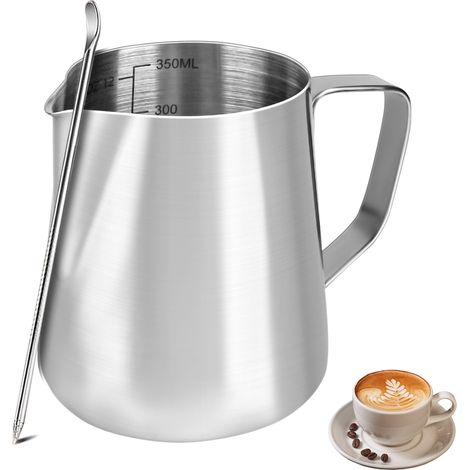 Pot à lait en acier inoxydable, 350ml à main levée Café Pot à lait Lait Pichet Tasse avec mesure et Latte Art Pen, pour cappuccino, latte art, expresso, pour les amateurs de café (1/5)