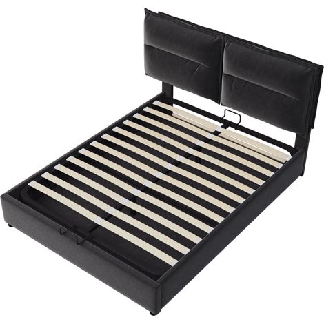 Lit double hydraulique 140x200cm, tête de lit réglable, sommier à lattes métallique, velours, cadre moderne avec rangement spacieux, noir (avec matelas) (1/5)
