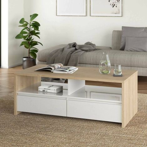 Dmora - Mesa de café Shote, Mesa de centro baja, Revistero para sofá, Estante de la sala de estar, 120x60 h46 cm, Roble y Blanco brillante (1/5)