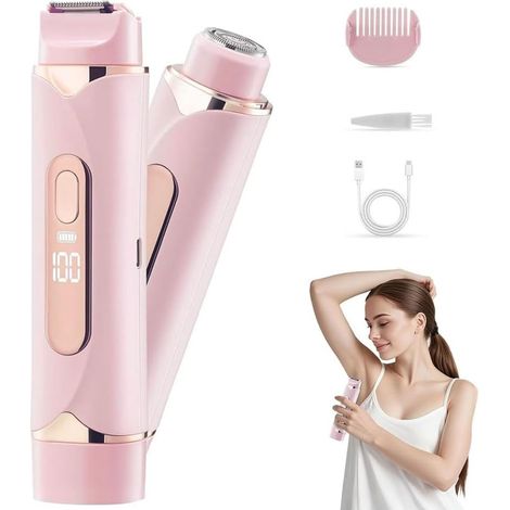 Rasoir Electrique Femme, 2 en 1 Double Tête Tondeuse Femme Intime Humide Sèche Étanche, Rechargeable Epilateur Rasoir Électrique Tondeuse pour Bikini Maillot Visage Jambes Aisselles Rose (1/5)