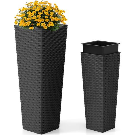 COSTWAY 2 Vasi Alti per Piante da Interno ed Esterno, Grandi Fioriere in Rattan con Vassoi Interni Rimovibili, Fori di Drenaggio, Fioriere Decorative per Giardino, Cortile e Balcone (Nero) (1/5)