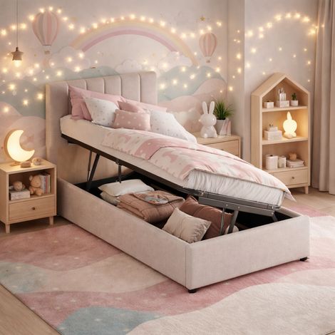 Lit Coffre Enfant 90x200 avec Rangement Hydraulique, Lit Simple avec Sommier, Lit Rembourré avec Tête de Lit Réglable, Lin, Beige