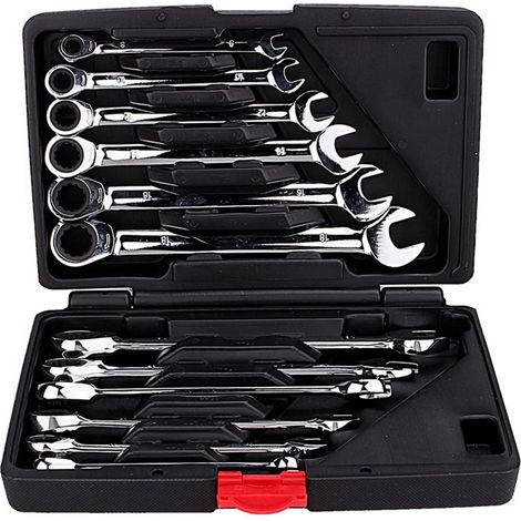 Set di 12 chiavi a cricchetto combinate, in acciaio al cromo vanadio, 72 denti, da 8 a 19 mm, con custodia.