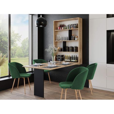 Bestmobilier – Table murale rabattable 4 personnes – Panneau stratifié noir/bois – Dimensions L80xP130 cm – Rangement intégré avec 6 niches (1/5)