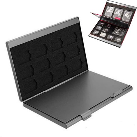 1 estuche de almacenamiento de aluminio, 12 ranuras, para tarjetas SD y microSD, protección de silicona, estuche de viaje (1/5)
