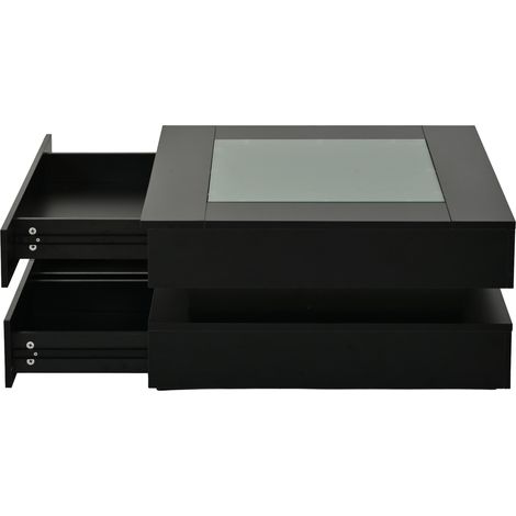 CHICFURN Table basse carrée LED noire 70 x 70 x 35 cm avec plateau en verre, 3 tiroirs et surface brillante, table de salon moderne pour petit espace design (1/5)