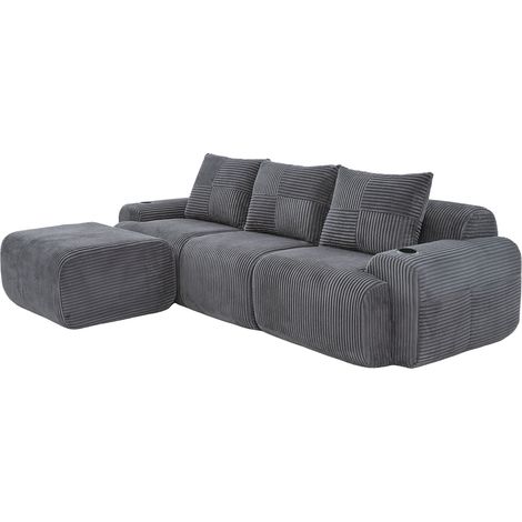 Divano modulare a 3 posti in velluto a coste grigio scuro con pouf, portabicchieri e tasca laterale (1/5)