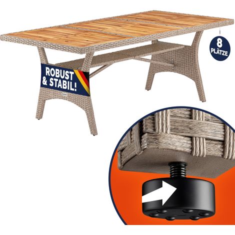Table de jardin polyrotin 190x90x74 cm plateau en bois d'acacia pré-huilé avec compartiment hauteur réglable résistant aux intempéries Crème (1/5)