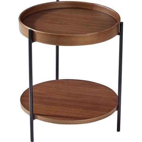 Table basse ronde avec design de plateau à 2 niveaux, en bois massif et métal, en 3 couleurs: frêne naturel / noyer / noir, combinable avec la table d’appoint assortie (44x44x48 cm), montage facile