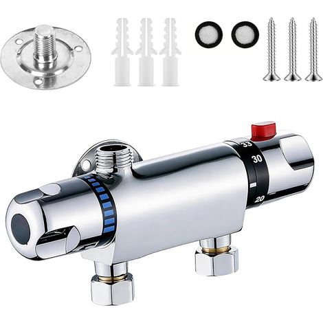 Mitigeur Douche Thermostatique Laiton Chromé, Robinet de Douche avec Bouton Sécurité 38°C, Montage Mural Mitigeur Thermostatique pour Salle de Bain (1/5)