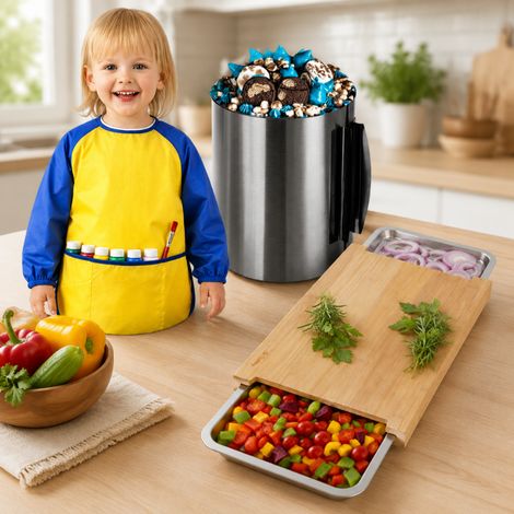 Set de repostería para la cocina (3 piezas): tabla de cortar de bambú, molde para tartas ajustable y delantal infantil (1/5)