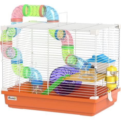 Cage pour hamster avec tunnel, gamelle, biberon, maisonnette, rampe, roue d'exercice, plateau amovible, 46 x 30 x 37 cm, orange (1/5)