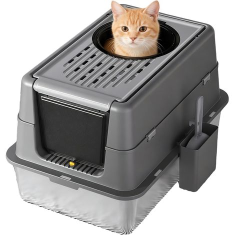 Bac à Litière XXL En Acier Inoxydable Pour Chats Double Entrée (Avant Et Dessus) Fermeture Anti-Fuite Contrôle Des Odeurs Nettoyage Facile Base Antidérapante Idéal Multi-Chats (1/5)