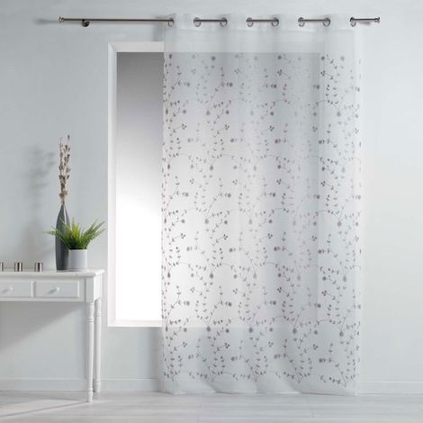 Rideau Voilage à Œillets "Petite Fleur" 140x240cm Blanc & Gris (1/2)
