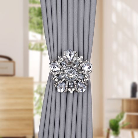 Lot de 2 Embrasses Rideau Aimantées Fleur Cristal Gouttes Argent – Attaches Magnétiques Zinc Alliage Sans Perçage, Boucles Déco Strass Moderne Salon Chambre Voilage (1/5)