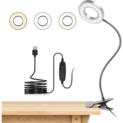 Klemmleuchte mit 48 LEDs, flexibel um 360° drehbar, klemmbare Leselampe mit 3 Lichtmodi & 10 Helligkeitsstufen, USB-Schreibtischlampe für Studium und Arbeit, silber (1/5)
