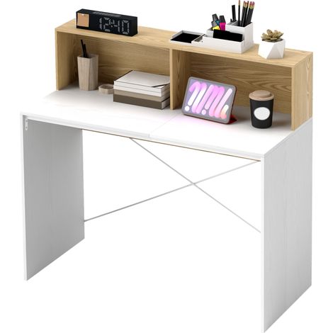 Bureau avec 2 compartiments et étagère 110x50x102,6 cm Blanc et Bois Naturel