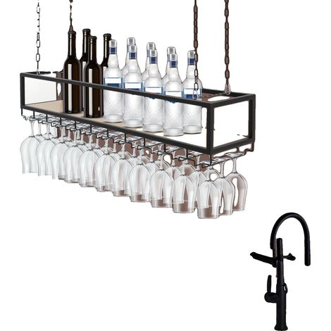 Botellero de techo, tablero sin pintar, hierro, 110 x 25 x 22 cm, capacidad de carga de 75 kg, compatible con soportes para copas de 4 a 9 cm. (1/5)