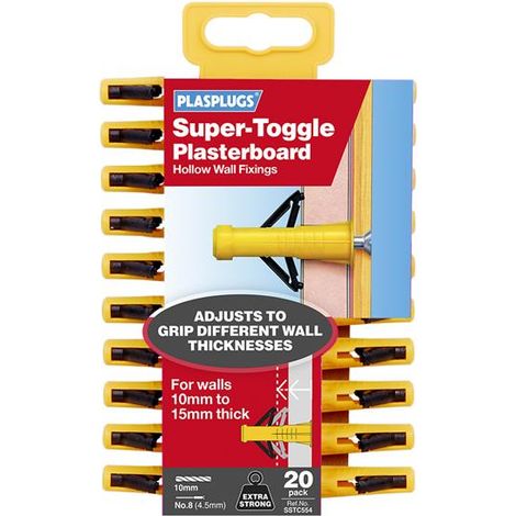 PLASPLUGS Super Toggle Fixings Pack 20, 10mm Drill, No.8 (4.5mm) Screws for Plasterboard (1/3)