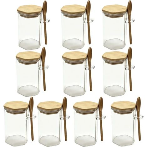 (320 ml - 10 bouteilles) Bocaux hexagonaux en verre pour condiments, récipients de conservation des aliments hermétiques, avec couvercles en bambou et cuillères en bois. (1/5)