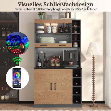 Meuble cuisine 100x47x187cm buffet éclairage LED trous câbles planche bois espace micro-ondes compartiments latéraux réglables-Da.