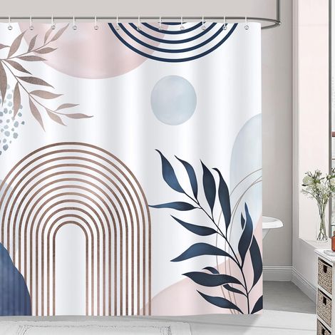 Rideau de douche abstrait à motifs de feuilles bohèmes roses et bleues, rideau de salle de bain moderne en polyester, anti-moisissure, imperméable et lavable, 180 x 180 cm (1/4)