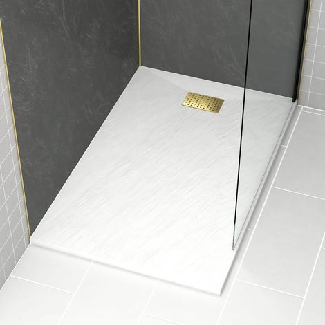 Plato Ducha Blanco Efecto Piedra 90x140cm y Rejilla patrón Perforado Oro (1/4)