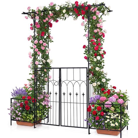 COSTWAY Arche de Jardin de 200 cm avec 2 Bacs Jardinière et Treillis, Pergola Extérieur pour Plantes Grimpantes avec Tubes Métalliques Portail Verrouillable, Décoration pour Mariage Fête (1/5)