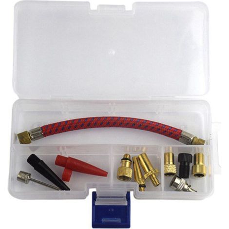 Ensemble de 12 pièces comprenant un adaptateur pour tuyau de pompe à matelas pneumatique, une valve de gonflage, des aiguilles et un outil de connexion pour pompe à vélo.-AquaForge (1/5)