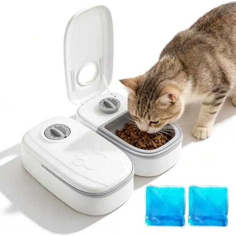 Distributeur Croquettes Chat Automatique 2 Repas, Distributeur Croquette Chat avec Minuterie 48h, Gamelle Chat Automatique pour Chats et Petits Chiens (1/5)