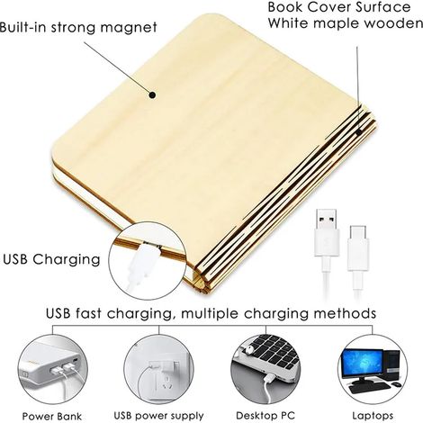 Lampe Livre LED Pliable en Bois Massif, Lampe de Bureau Rechargeable USB, Éclairage Décoratif en Forme de Bouquin, Luminaire Magnétique Pliant pour Lecture et Décoration (1/4)