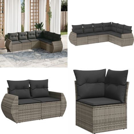 Salon de jardin 6 pcs avec coussins gris résine tressée - Ensemble Salon De Jardin - Salon De Jardin Extérieur - Mobilier De Jardin - Meubles De Jardin - Chaise Longue - Home & Living (1/5)