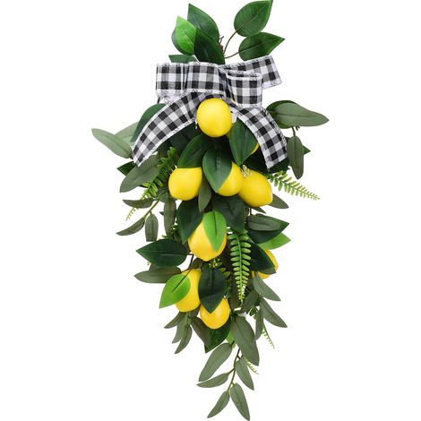 Künstlicher, tropfenförmiger Zitronenkranz, 60 cm (23,6 Zoll), Frühlings- und Sommerdekoration mit grünen Blättern, ideal für die Haustür oder das Fenster. (1/3)