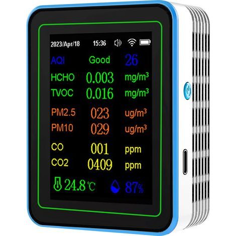 Détecteur de qualité de l'air WiFi 12 en 1, dioxyde de carbone avec affichage de l'heure/date AQI PM2.5 PM10 HCHO TVOC CO CO2 Testeur de température et d'humidité pour bureau, école (1/5)