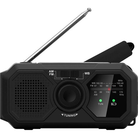 Radio d'urgence - Panneau solaire et manivelle - Lampe de poche LED - Radio météo - Radio AM/FM avec piles rechargeables (Noir) (1/5)