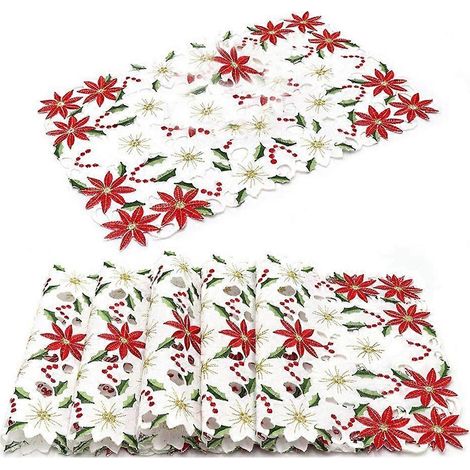 Ensemble de six sets de table brodés de Noël, à motifs de poinsettias et de houx, 11 x 17 pouces, décorations de table de Noël. (1/5)
