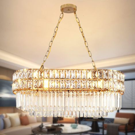Lustre Moderne en Cristal Luminaire Finition or, Lampe Pendante Ovale en Cristal, Pour Salon, Salle À Manger, Restaurant, E14 X 8, 75 x 33 cm (1/5)