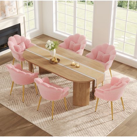 Lot de 6 fauteuils 64×65,5×85 cm en tissu peluche rose, accoudoirs, pour salle à manger – MEUBLIV (1/5)