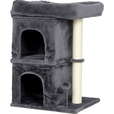Arbre à chat compact avec 2 niches, plateforme, panier spacieux, poteaux en sisal, ballon de jeu, pour 1 à 2 chats jusqu’à 7 kg, gris foncé  CHICFURN (1/5)