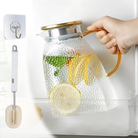 Pichet à Eau en Verre Borosilicate, Cruche avec Couvercle et Anse, à Thé Glacé, Carafe d'eau pour Porte de Réfrigérateur, Carafe Boisson Chaudes (1/5)