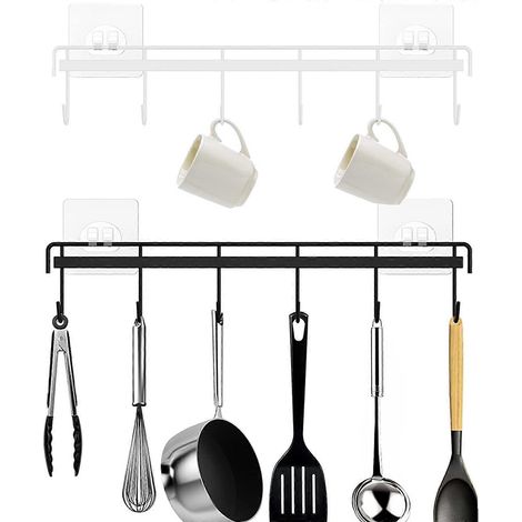 Barre porte-ustensiles de cuisine avec 6 crochets, lot de 2, adhésive, gain de place, à fixer au mur. (1/5)