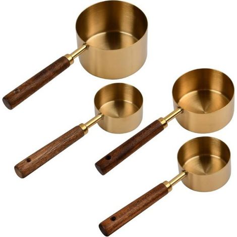 Lot de 4 cuillères et tasses à mesurer en acier inoxydable/cuivre,manche en bois(acacia)Poli miroir pour pâtisserie,cuisson,café etc (1/5)