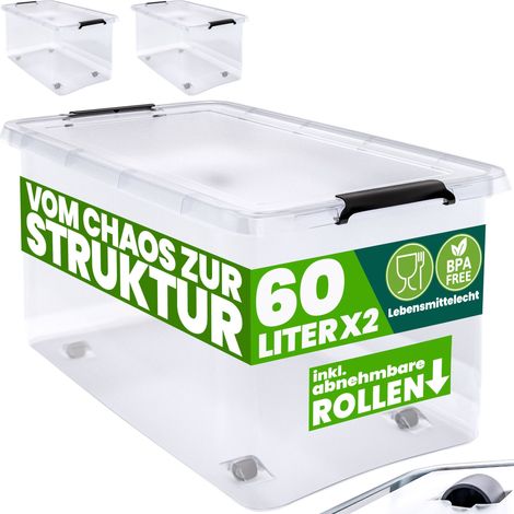 DEUBA® Aufbewahrungsbox transparent Stapelbox Ordnungsbox 30L 60L Deckel aufklappbar stapelbar Rollen BPA frei lebensmittelecht Box 2x 60L