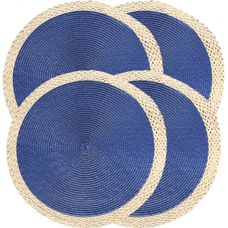 Sets de table ronds tressés - Lot de 4 sets de table de 38 cm - Lavables - Résistants à la chaleur - pour table à manger - Antidérapants - Usage intérieur/extérieur - Sets de table pour'Bleu (01) 4 pc (1/5)