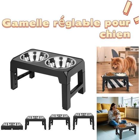 Pet lifting bowl support, adjustable height dog bowl, includes two stainless steel bowls.
