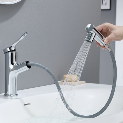 CECIPA MAX Waschtischarmatur mit ausziehbarer Brause 2 Strahlarten Einhebelmischer Wasserhahn Bad für Waschbecken und Waschschalen, Chrom