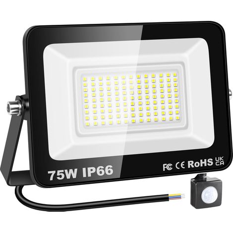 Lampe d'extérieur avec détecteur de mouvement 75W, projecteur LED 7500lm, lumière blanche 6000K, éclairage de sécurité étanche IP66 pour jardin, garage, cour, terrain de sport, patio, porche