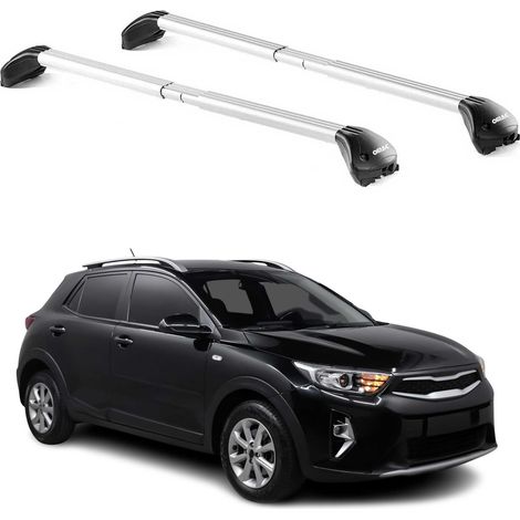 OMAC Barres de toit transversales certifiées TÜV pour Kia Stonic 2017-2026 – Verrouillables (4 antivols) – Charge max 100 kg – Sangle inox + protection caoutchouc Argent (1/5)